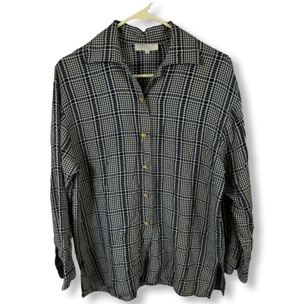 Corida Blouse Women's 1 Cream & Black Checkered Button-Front Long Sleeve Top W57